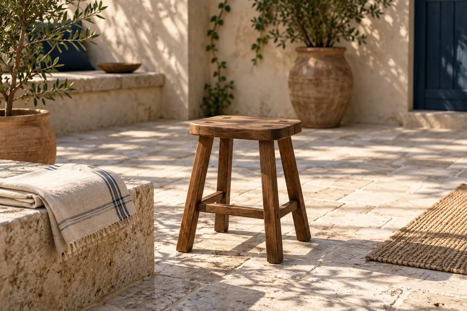 A carefully repaired wooden stool in a quiet courtyard, suggesting useful work done without an audience.