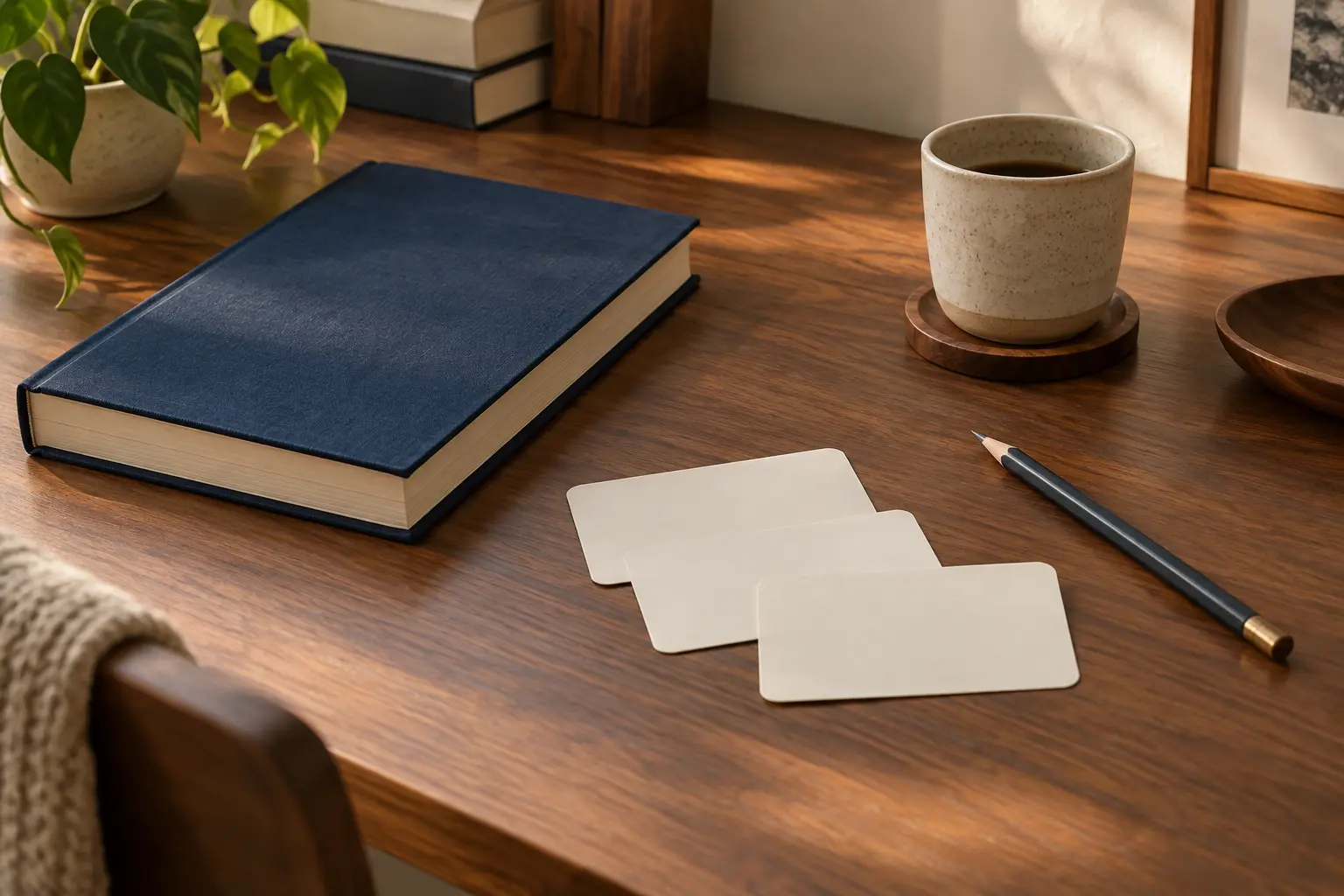 A closed book, blank revision cards and a pencil on a naturally lit desk.