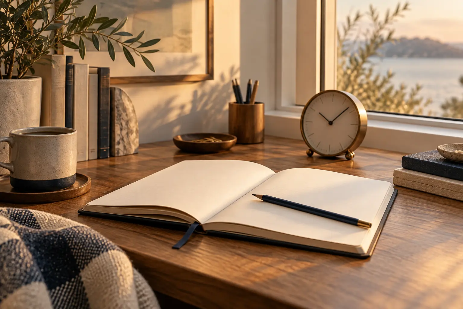 Un cuaderno abierto, un lápiz y un reloj sobre una mesa tranquila, preparados para planificar y revisar la semana.