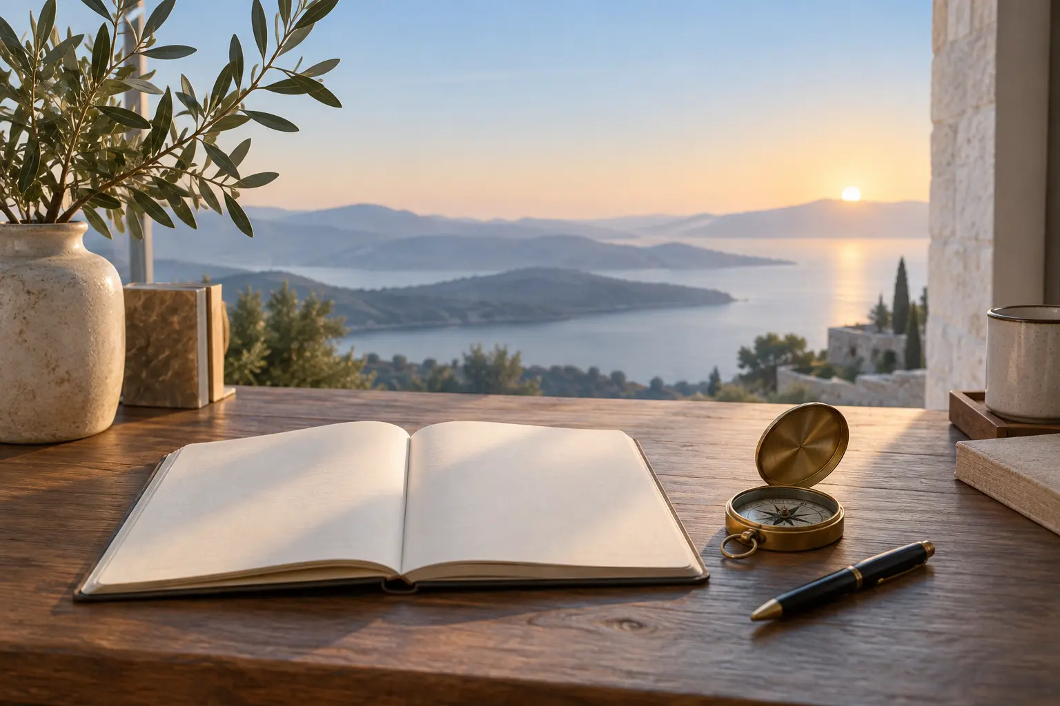 An open notebook, compass, and pen on a desk at dawn.