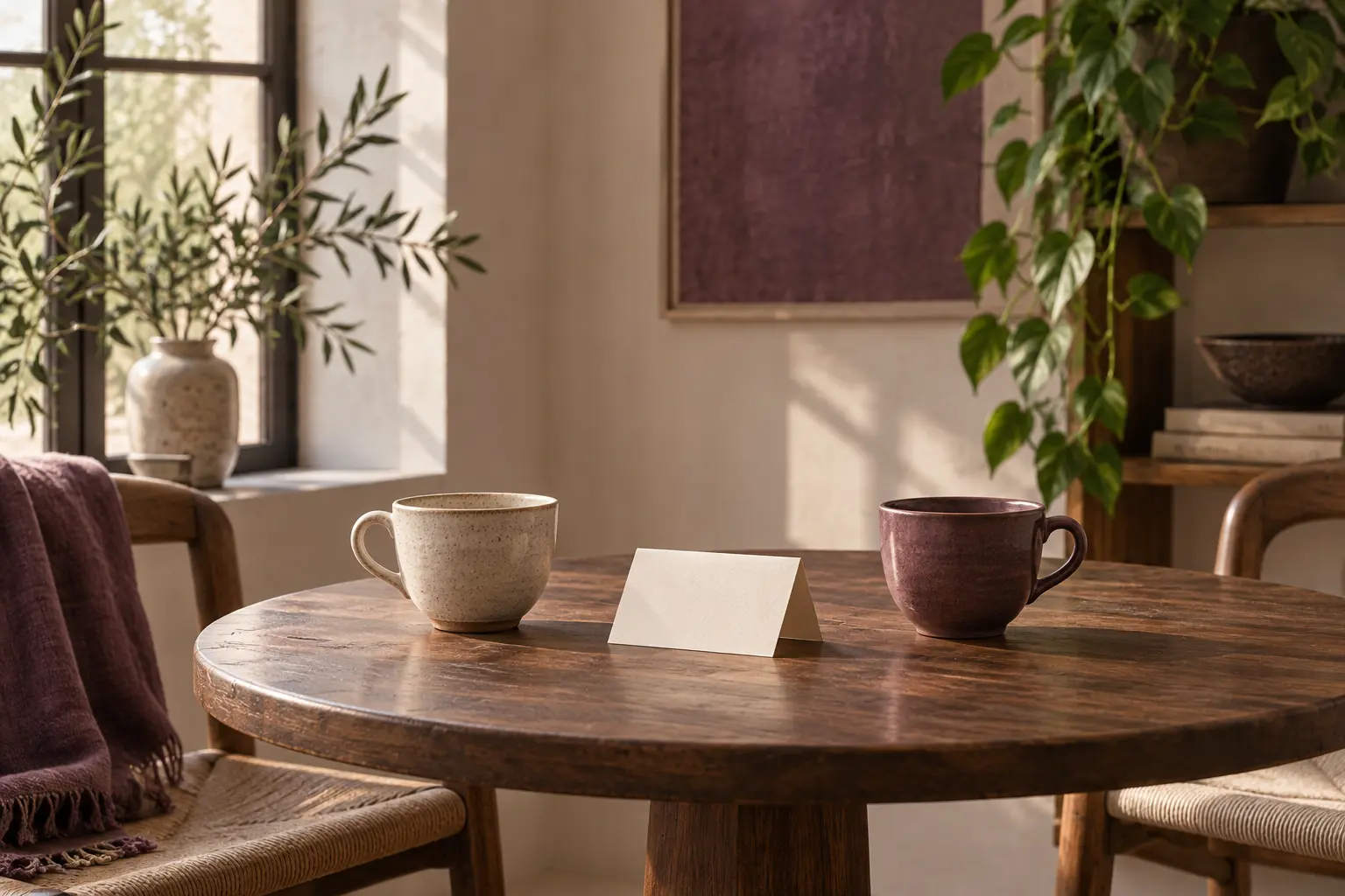 Two cups and a folded note on a table in soft window light.