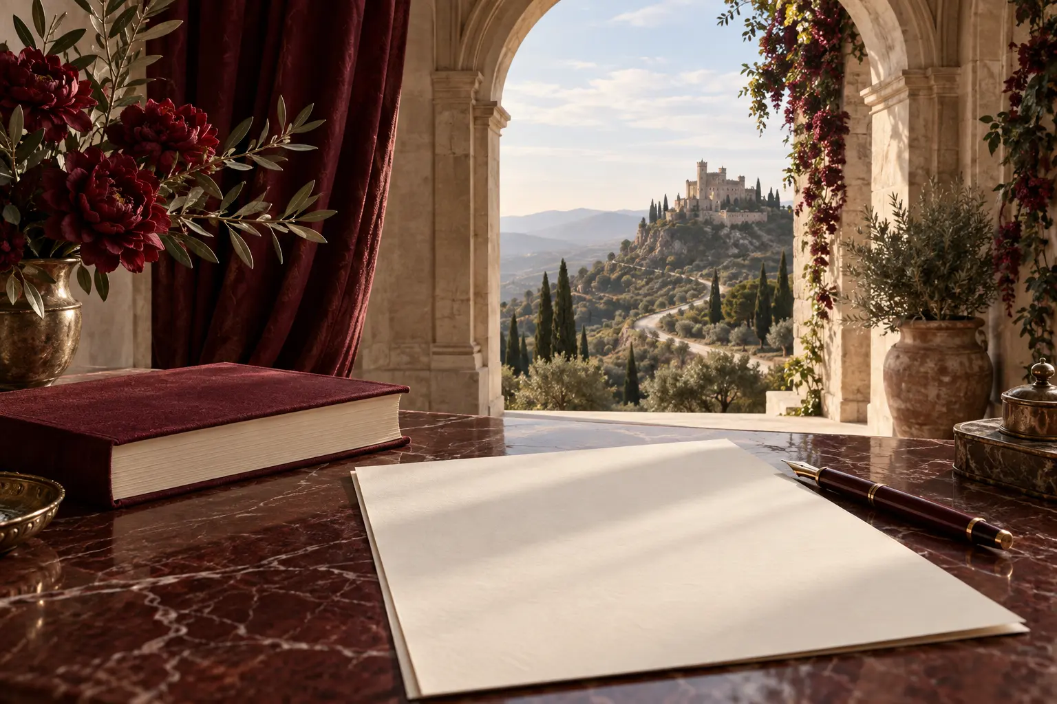 A pen and manuscript pages by a window overlooking a road and an imagined castle.