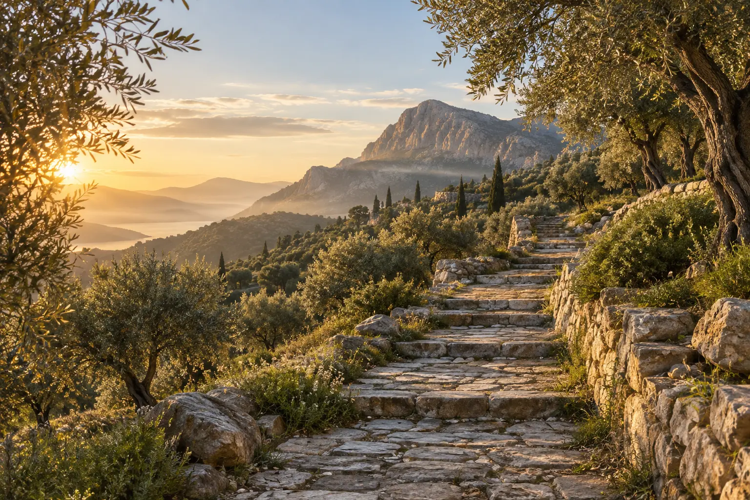 A stone path through olive trees toward a sunlit mountain.