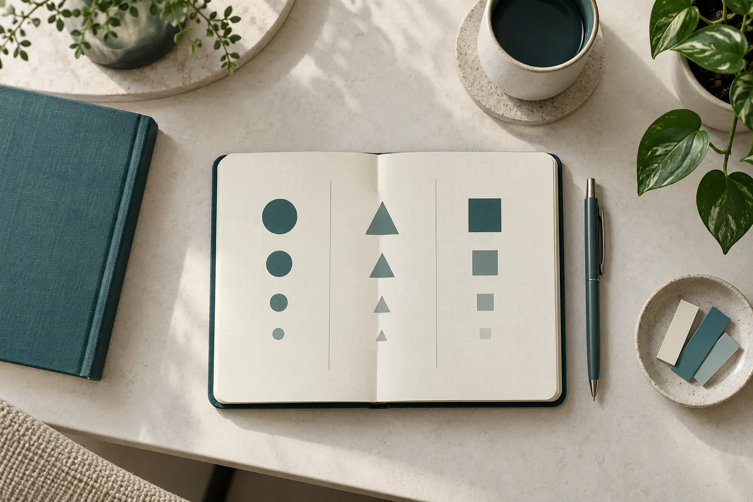 A notebook with columns of geometric marks and a pen on an organised desk.