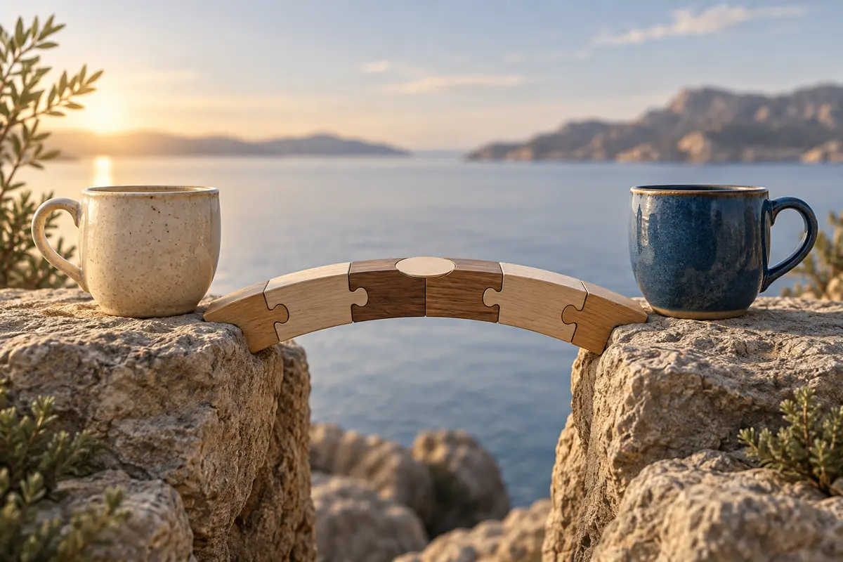 Two stone bridges meeting over calm water, symbolizing conflict resolution