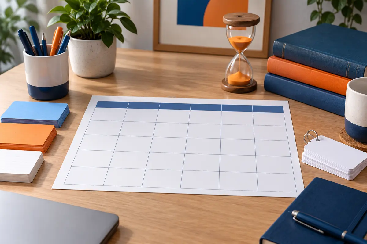 A calendar, books, and review cards symbolizing an exam study schedule