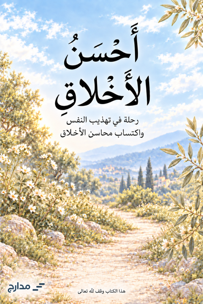 غلاف أحسن الأخلاق من مدارج: طريق بين أزهار فاتحة تحت سماء هادئة