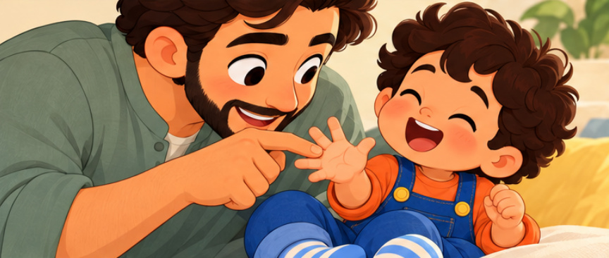 Dad gently tickles Sami's open palm, making him laugh.