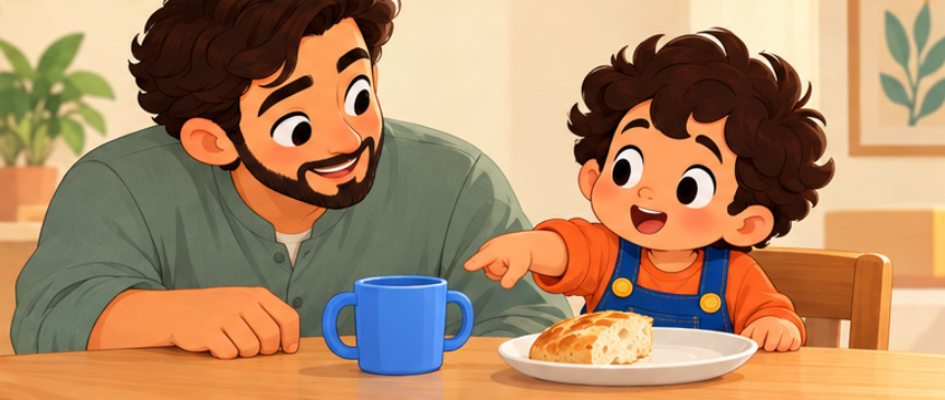 Sami points to his water cup and plate of bread.