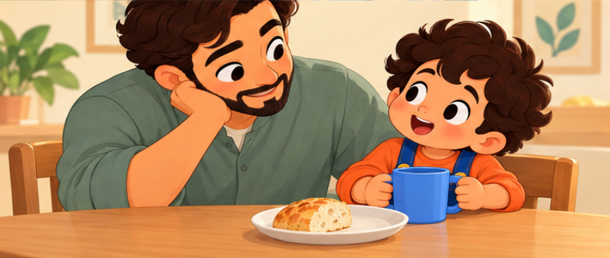 Sami and Dad share a quiet moment of thanks at breakfast.