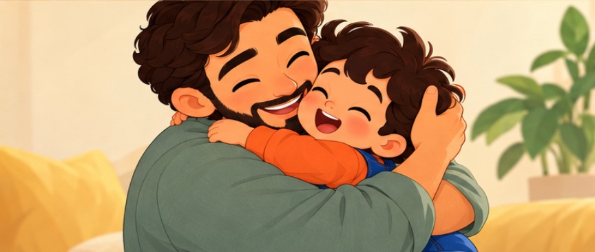 Sami opens his arms and leans into Dad's warm hug.