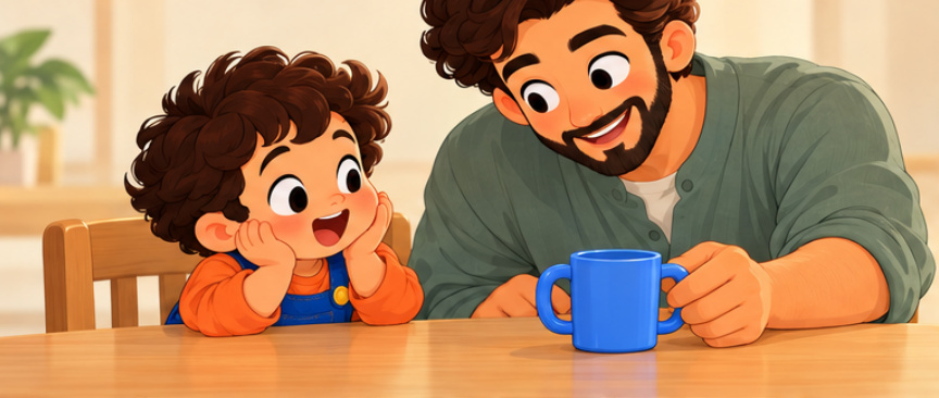 سامي يبحث بعينيه عن كوبه الأزرق الذي يقدمه والده.