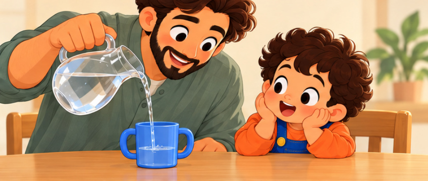 الأب يصب ماء قليلًا من إبريق شفاف في الكوب الأزرق.