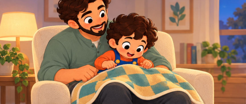 Awake in Dad's lap, Sami notices his feet making bumps under the blanket on his legs.