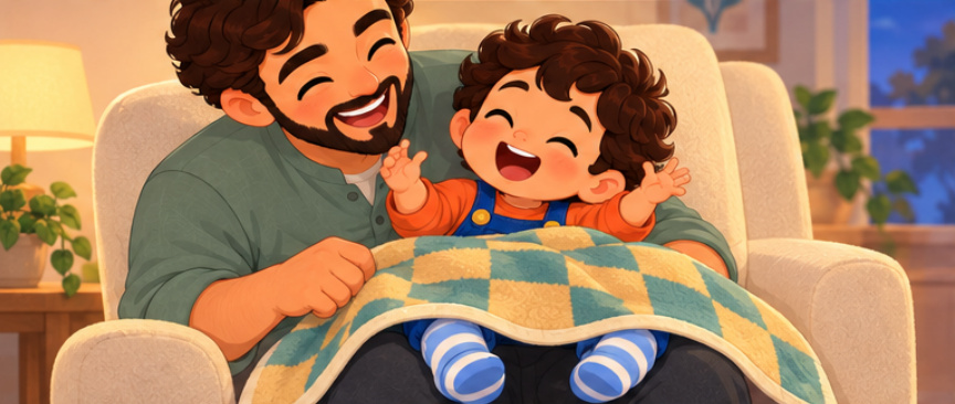 Both feet pop out and Sami and Dad laugh.