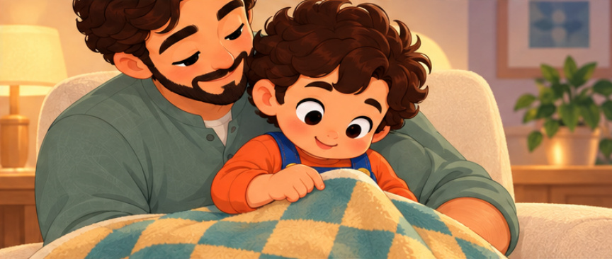 Sami quietly strokes a corner of the blanket while sitting in Dad's lap.