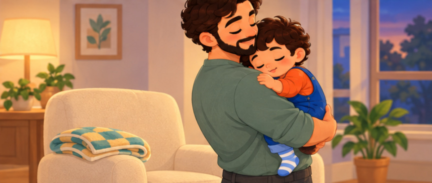 Dad holds Sami close, his head resting on Dad's shoulder; the blanket stays on the chair.