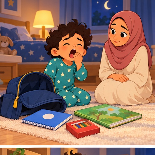 Adam with Mum, the open bag, blue notebook, crayons and library book