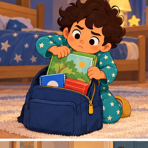 Adam tries to close the full bag and protects the library-book cover