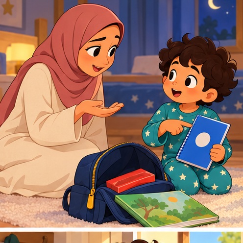 Mum asks a question and Adam chooses the blue notebook