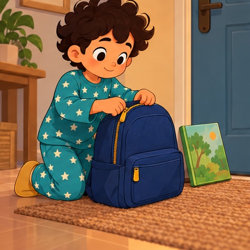 Adam closes the bag after packing the blue notebook