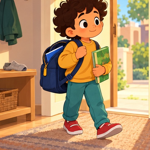 Adam leaves in the morning with his bag and library book