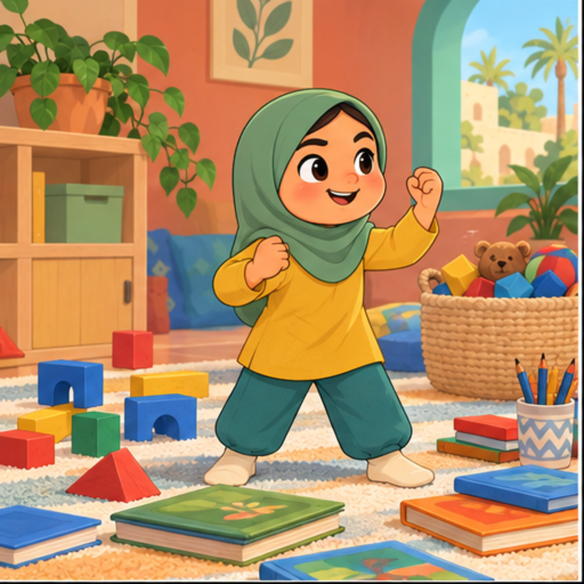 Five-year-old Jana sees toys and books scattered