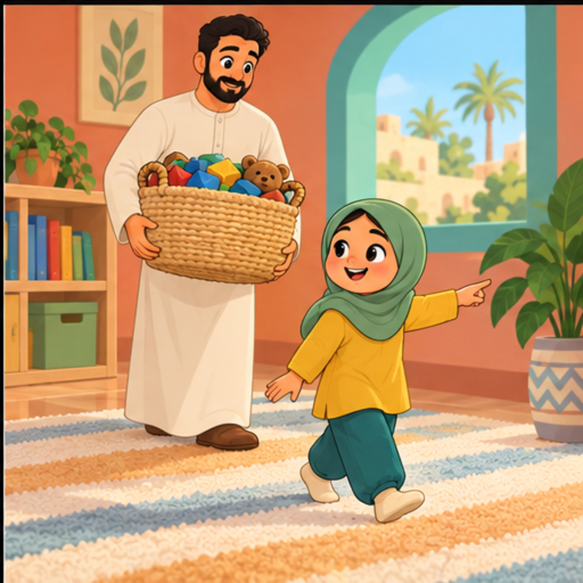 Jana’s father carries the heavy basket as she points to its place