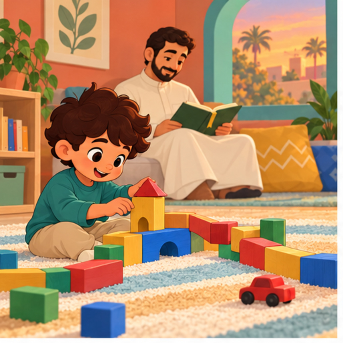 Yusuf builds a block road while his father reads