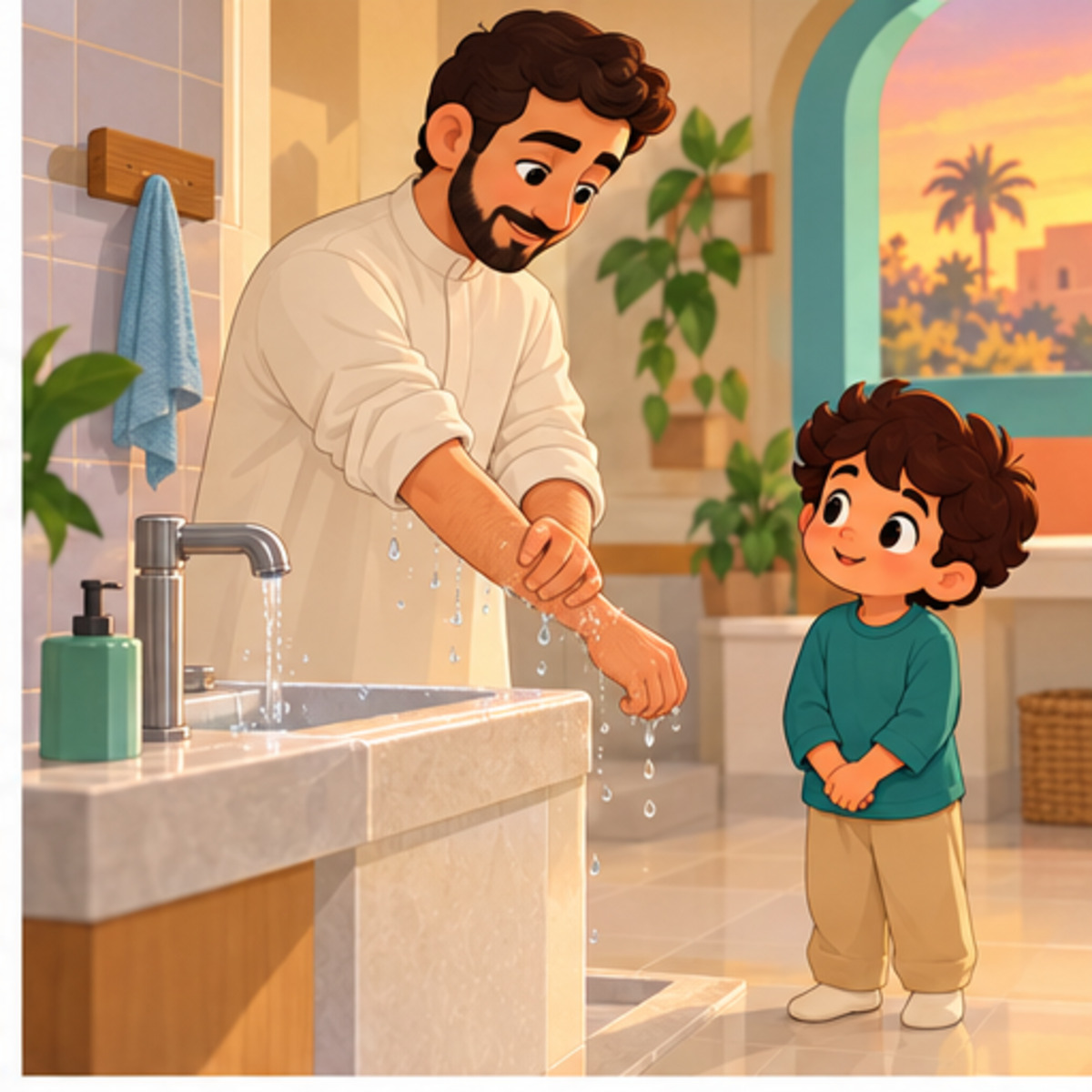 The father makes wudu while Yusuf stands clear of splashes