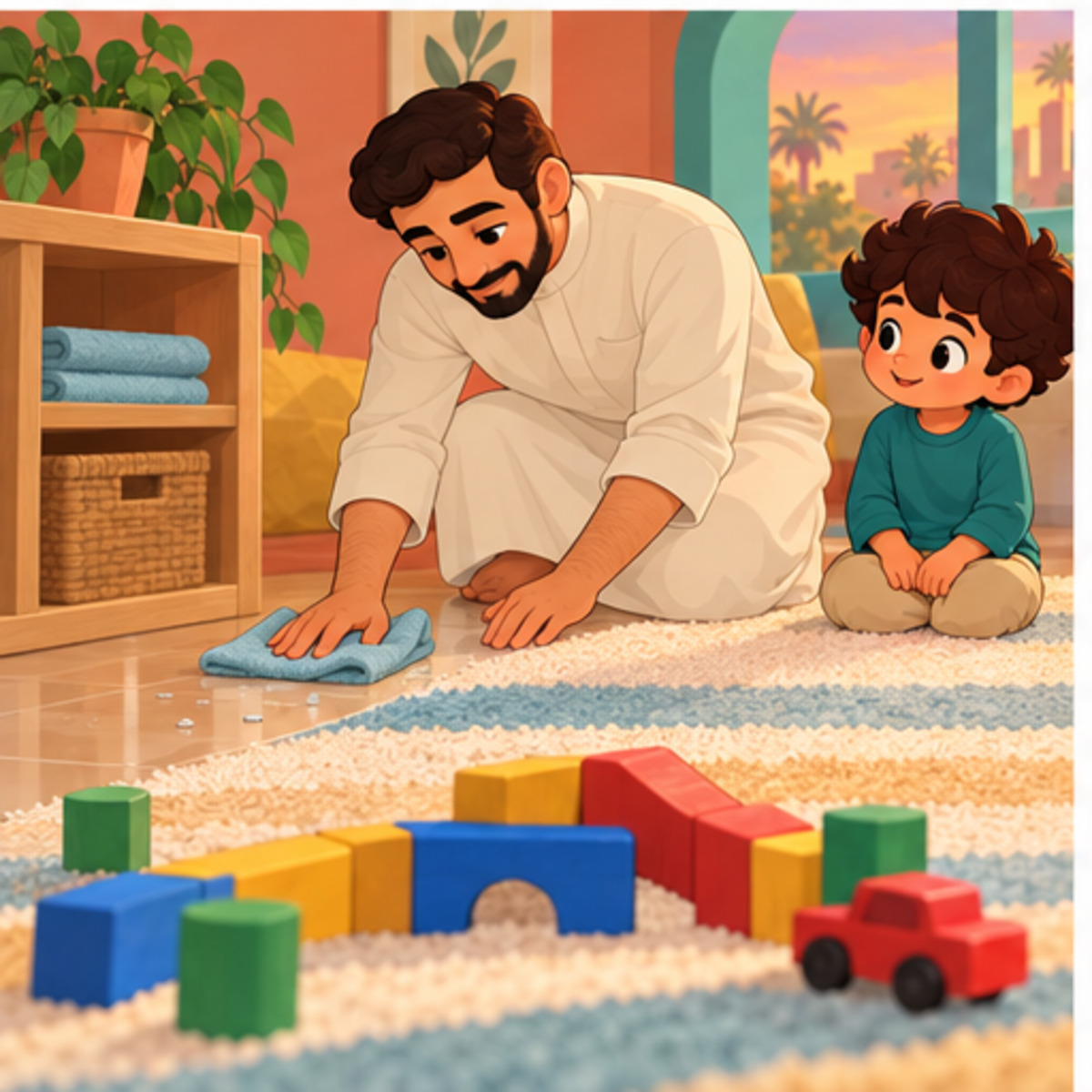 The father wipes water drops as Yusuf notices calm preparation