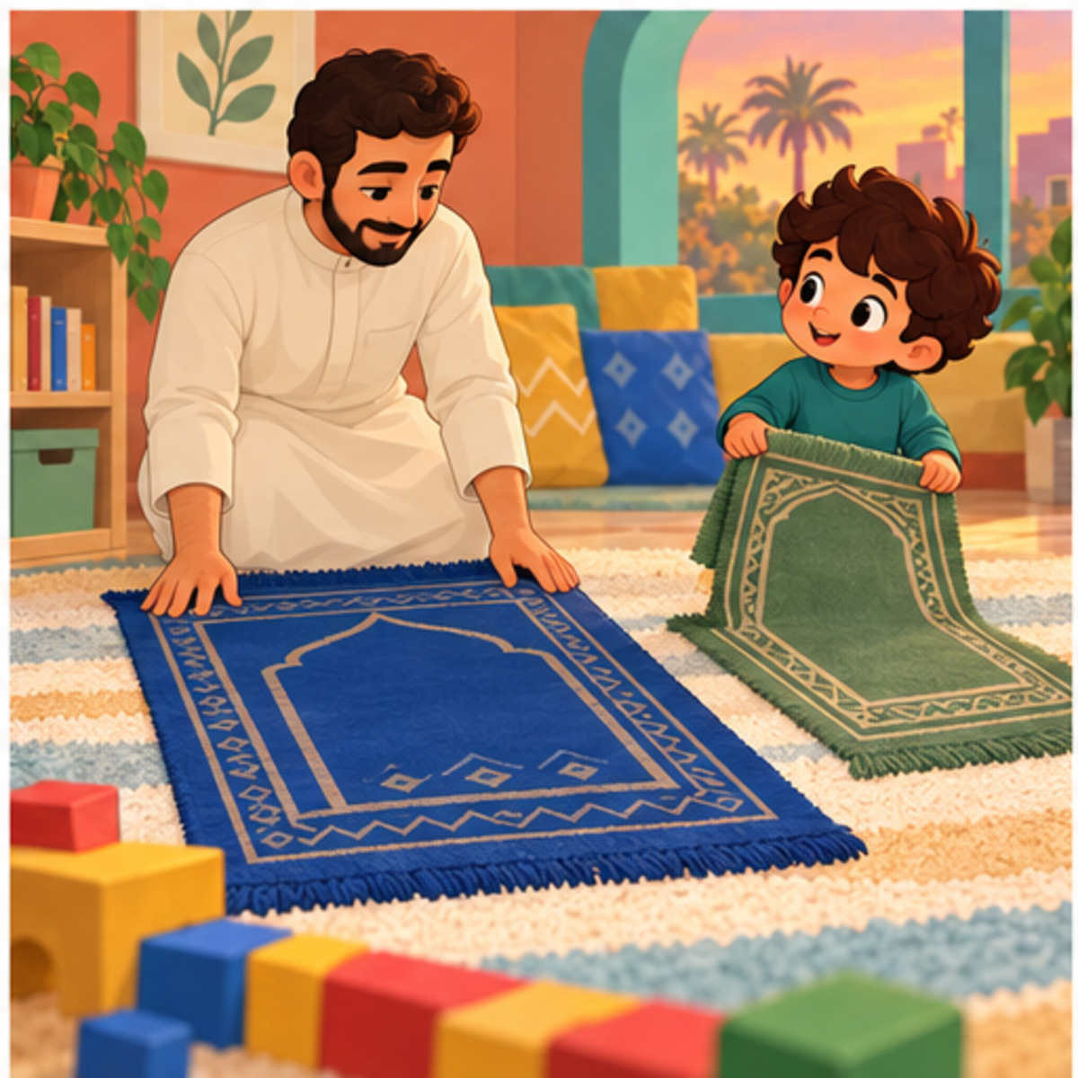 The father spreads his mat while Yusuf holds his small mat