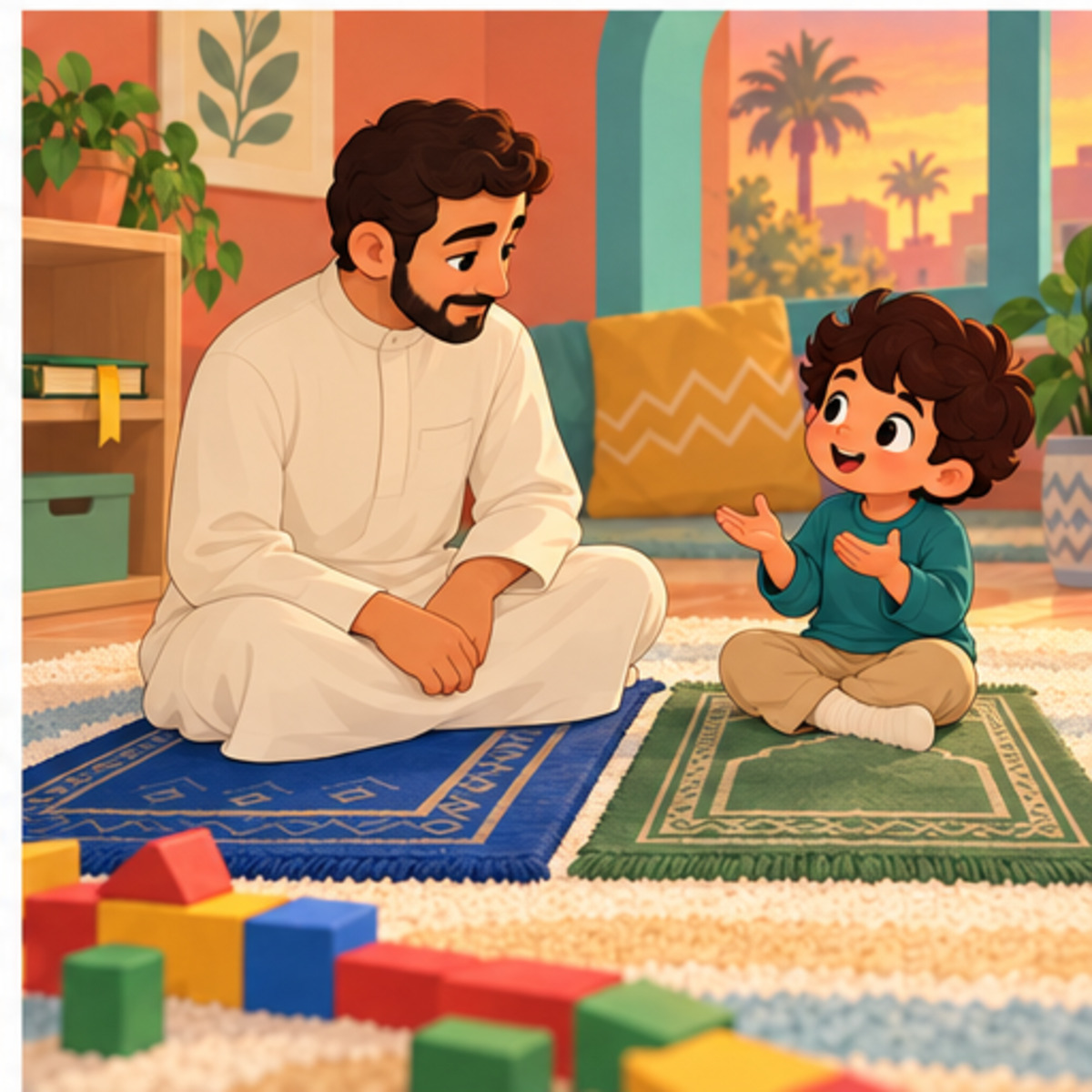 The father sits with Yusuf after prayer and answers his question
