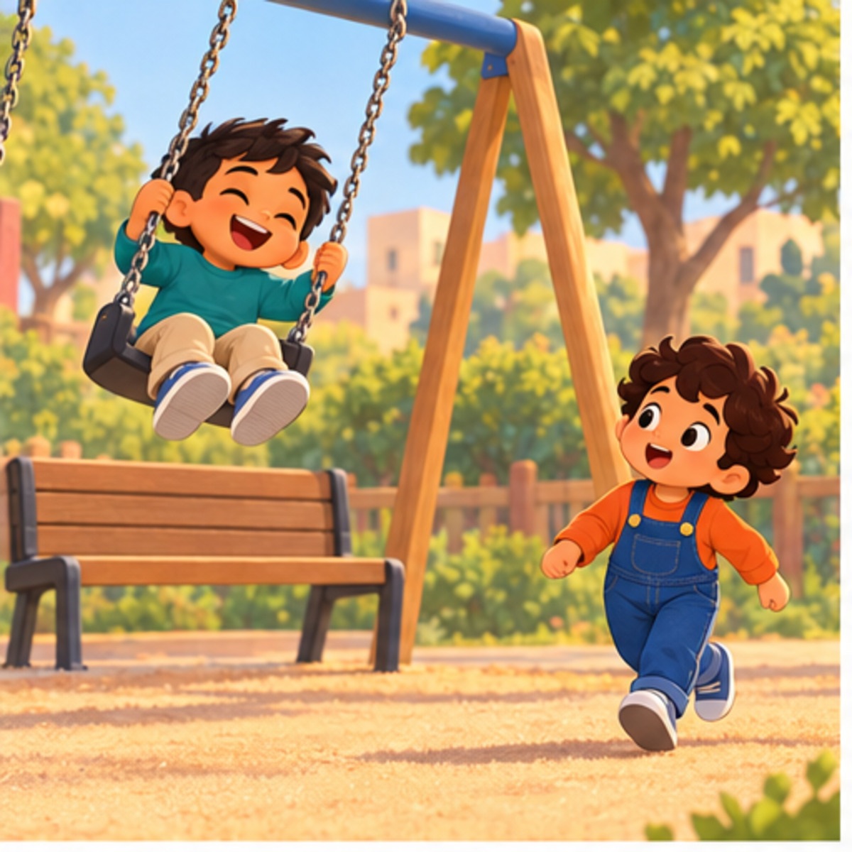 Rami swings as Sami arrives; two preschool boys in the playground