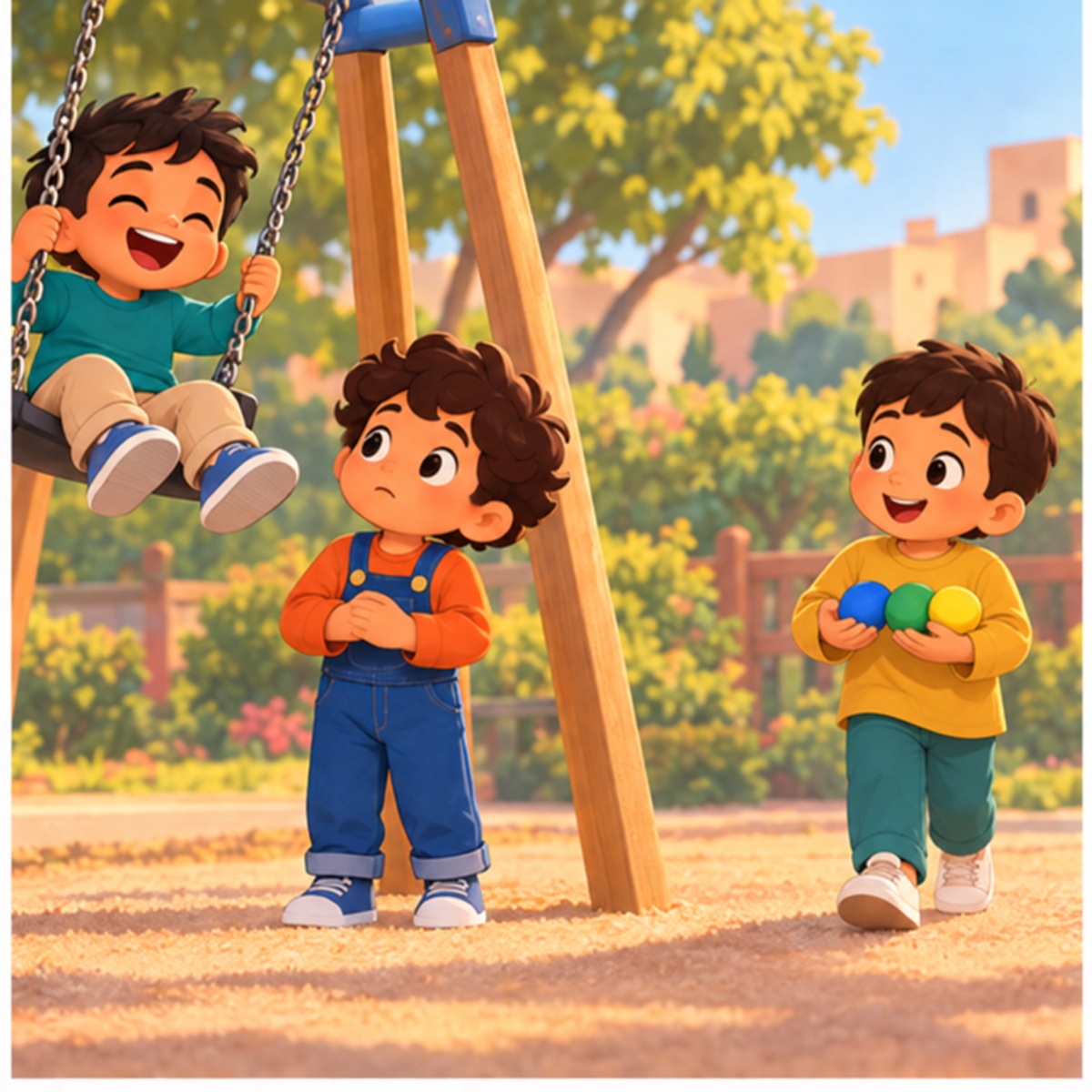 Sami waits while Laith approaches holding three colored stones and Rami sits on the swing; three preschool boys