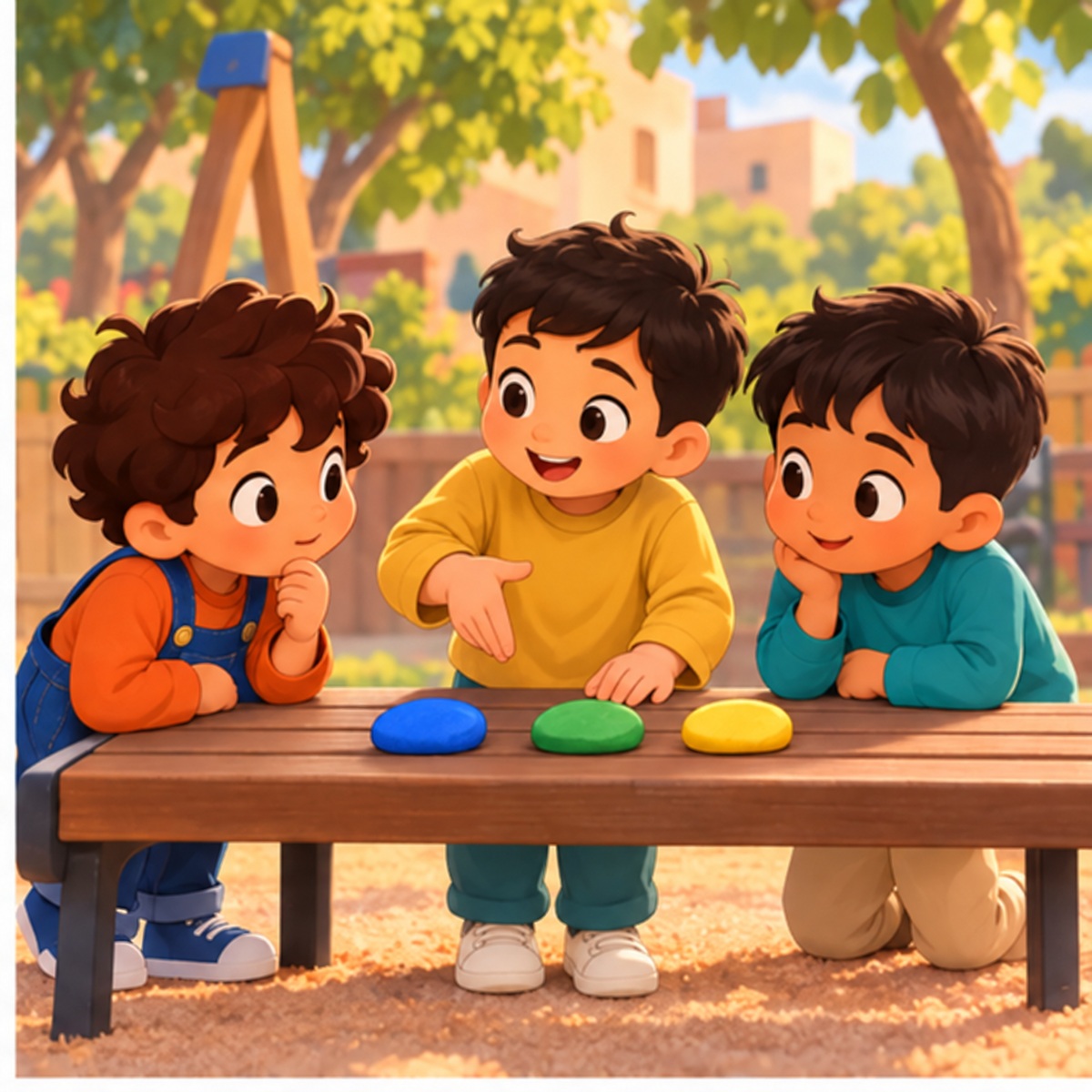 Laith explains the colored-stone turn system to Sami and Rami; three preschool boys