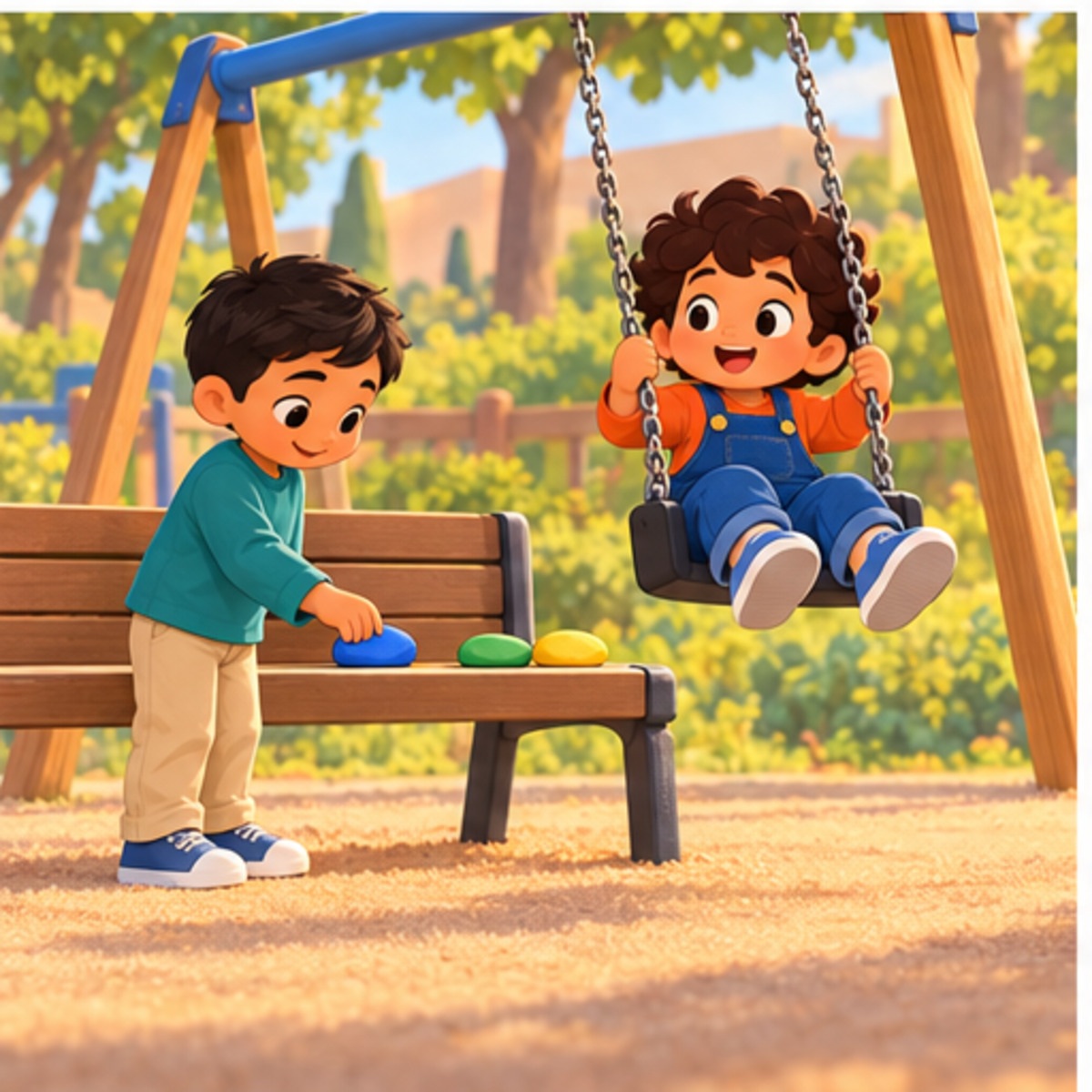 Rami moves the blue stone and yields the swing to Sami; two preschool boys