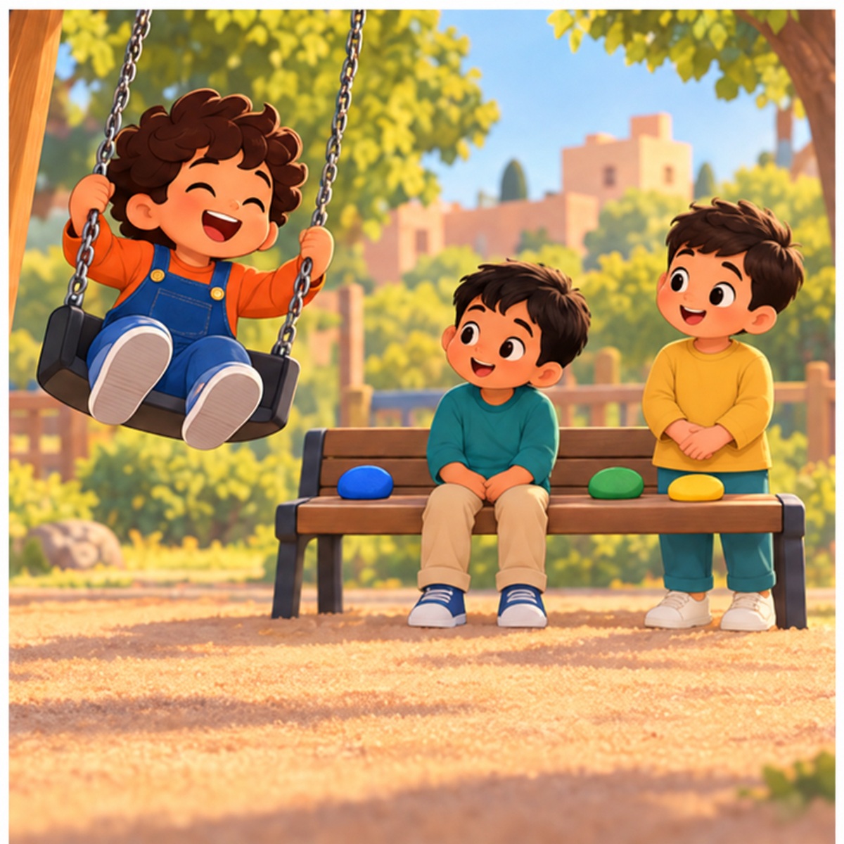 Sami swings while Rami and Laith wait beside the colored stones; three preschool boys