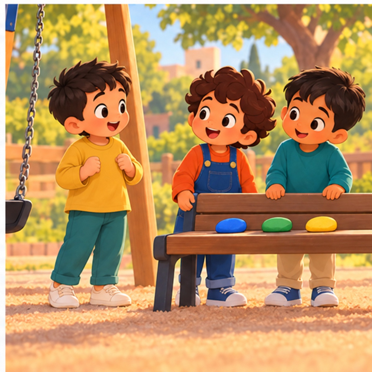 Sami, Rami, and Laith stand beside the blue, green, and yellow stones; three preschool boys