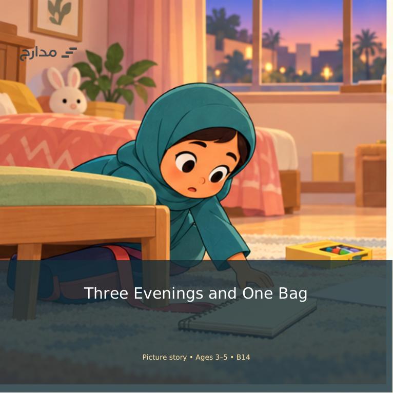 Cover of Three Evenings and One Bag: young Salma searching for her bag at home
