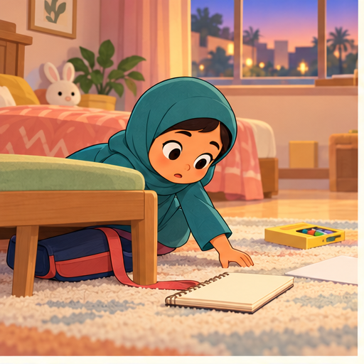 Young Salma searches for her bag, notebook, and crayon box in her room