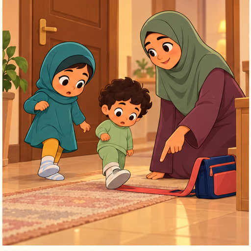 Salma, her little brother, and their mother look at the bag strap across the hallway