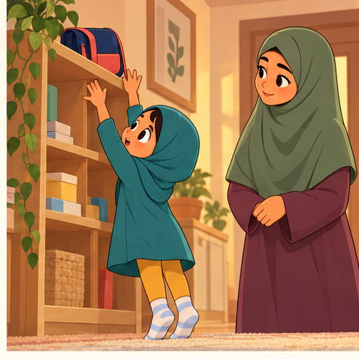 Salma reaches for her bag on a high shelf while her mother watches