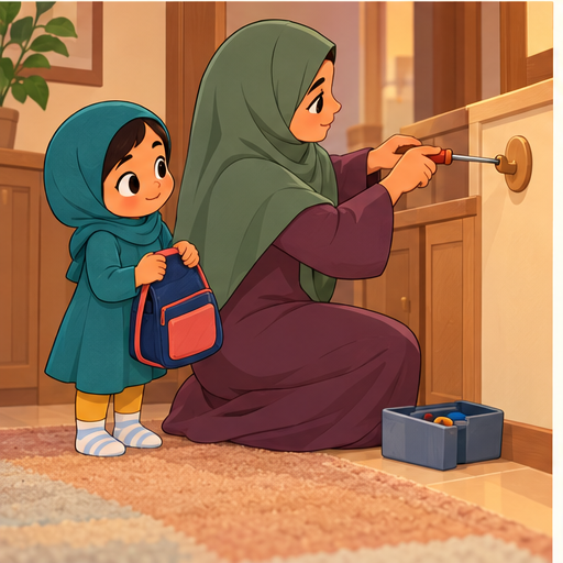 The mother installs a low hook beside the cupboard while Salma holds her bag