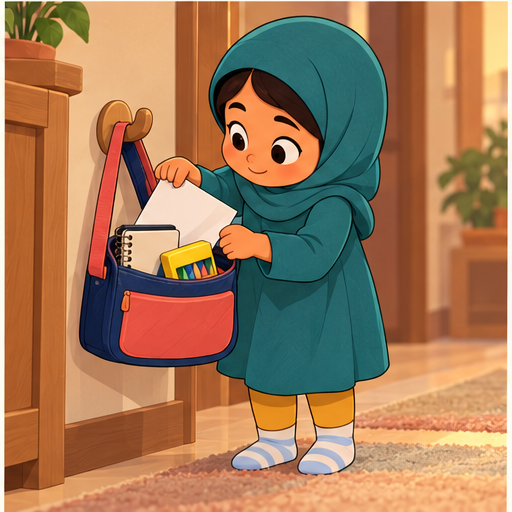 Salma hangs the bag and packs her notebook, crayons, and drawing paper