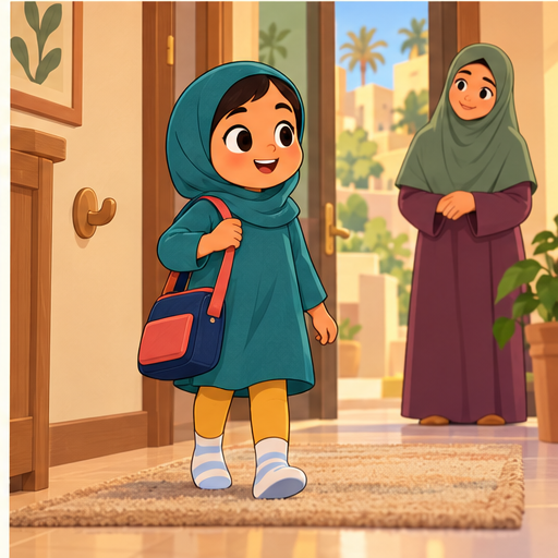 Salma carries her bag the next morning while her mother smiles behind her