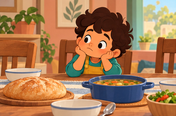 Four-year-old Adam looks at bread and soup on the table
