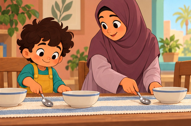 Adam places spoons beside the bowls while his mother helps