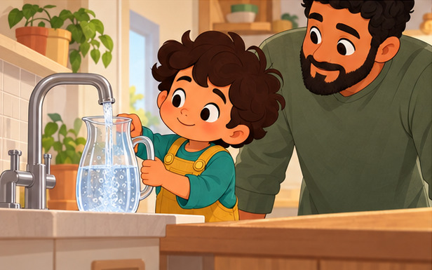 Adam fills a water jug while his father steadies it beside him