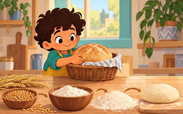 Adam places bread in a basket beside grain, flour, and dough